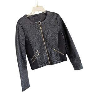 Maurices Quilted Faux Leather Moto Jacket | Black Collarless Biker Coat | Large